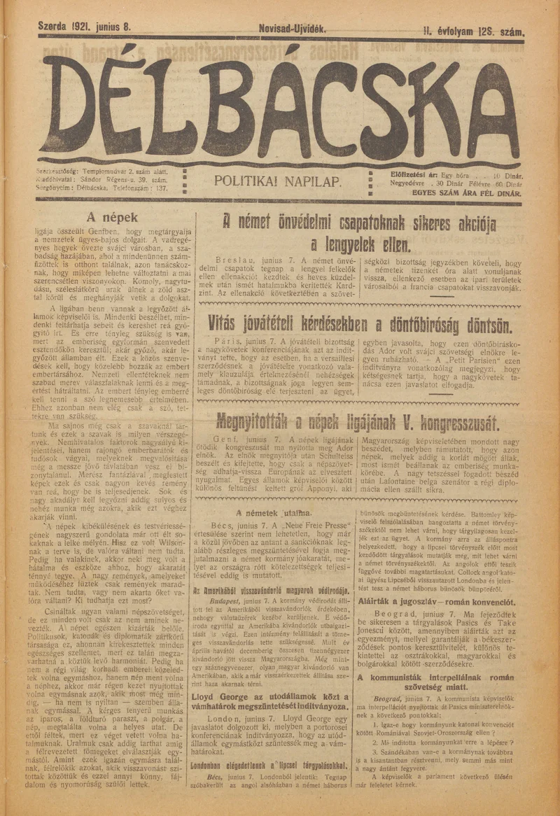 Délbácska, 2. évf. 1921. június 8. 128. sz.