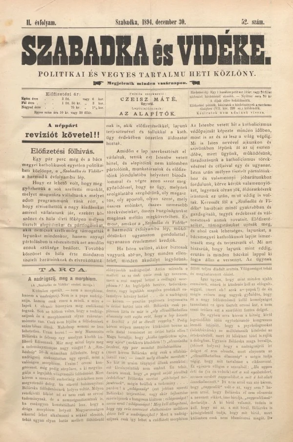 Szabadka és vidéke II, 2. évf. 1894. december 30. 52. sz.