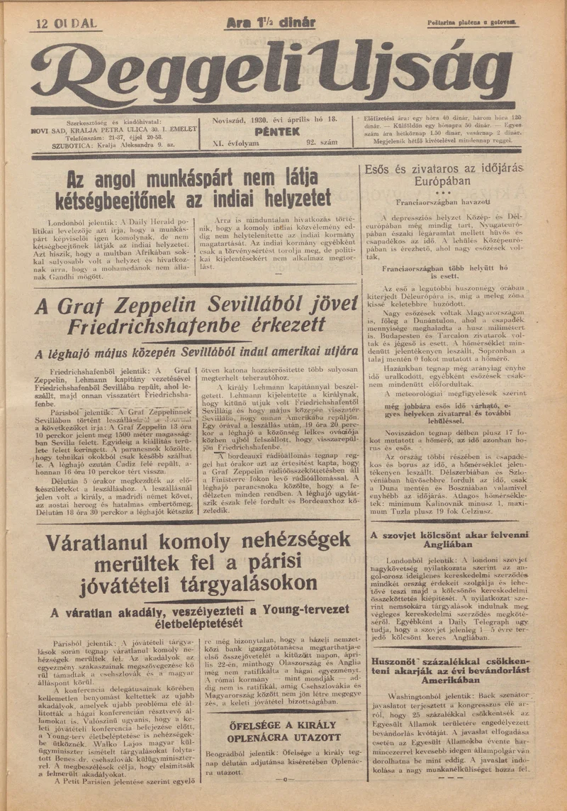 Reggeli Újság, 11. évf. 1930. április 18. 92. sz.
