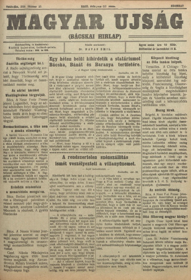 Bácskai Hirlap, 23. évf. 1919. október 25. 112. sz.