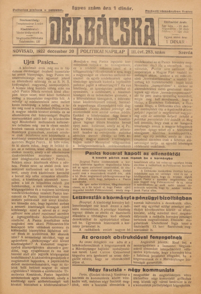 Délbácska, 3. évf. 1922. december 20. 283. sz.