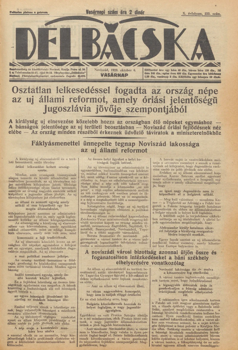 Délbácska, 10. évf. 1929. október 6. 233. sz.