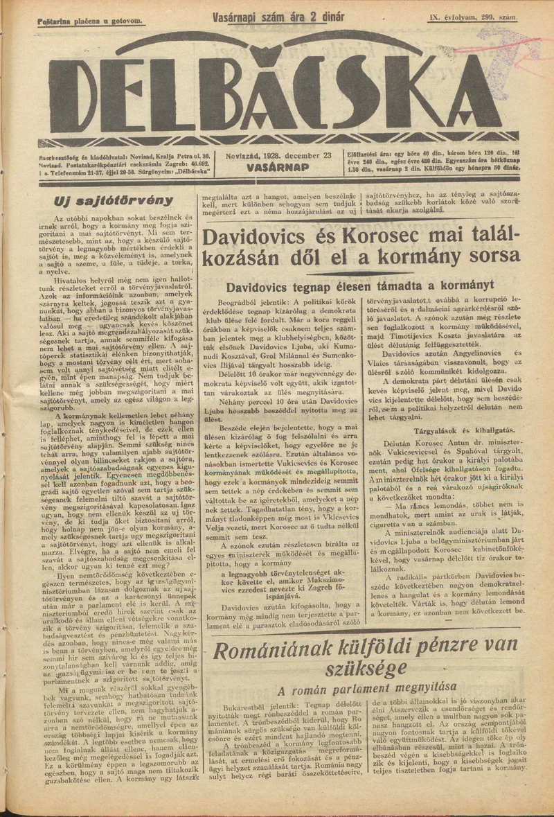 Délbácska, 9. évf. 1928. december 23. 299. sz.