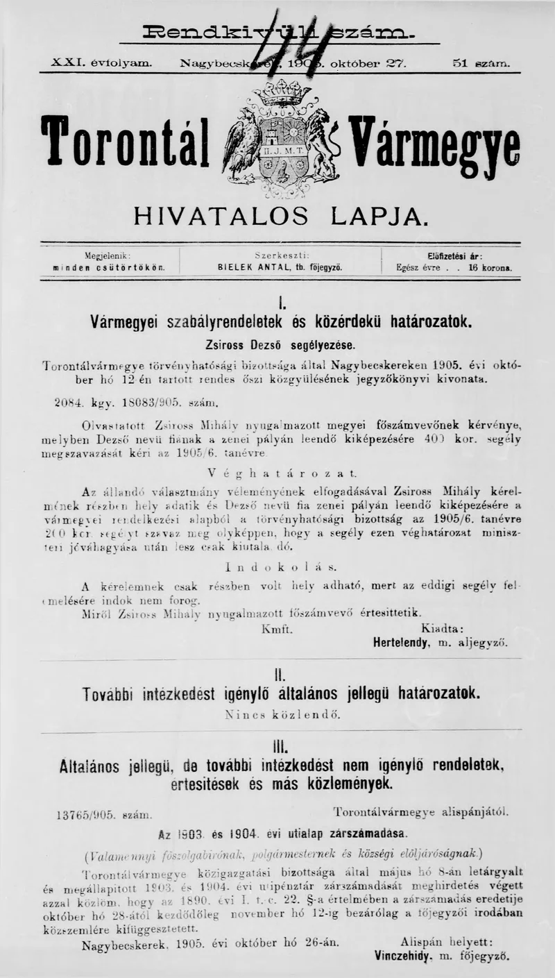 Torontál Vármegye Hivatalos Lapja, 21. évf. 1905. október 27. 51. sz.