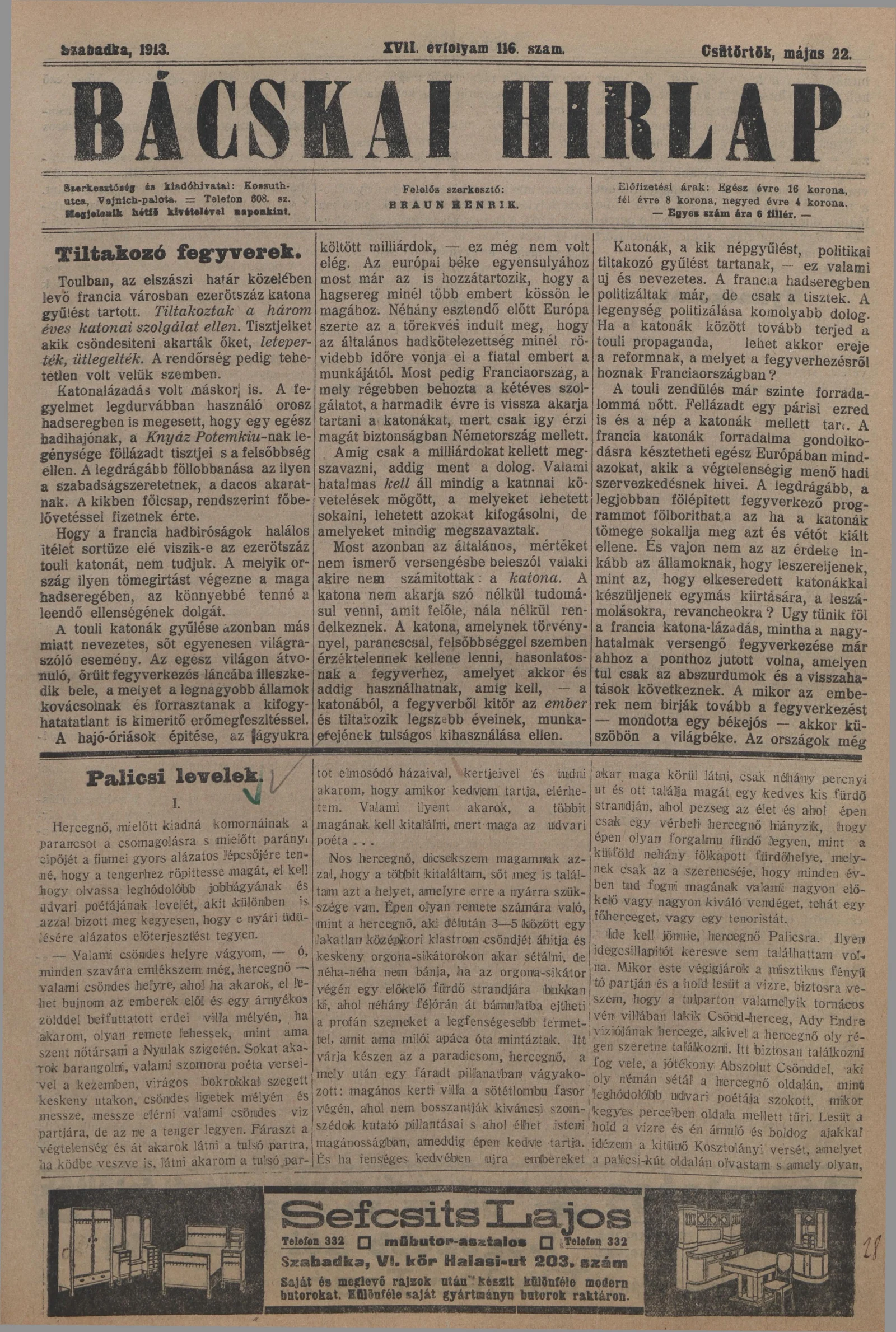 Bácskai Hirlap, 17. évf. 1913. május 22. 116. sz.