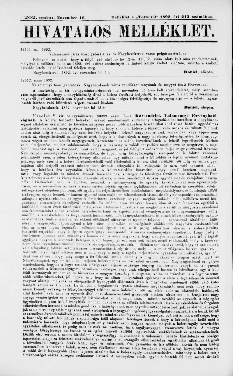 A Totontál  hivatalos melléklete, 5. évf. 1892. november 16. 202. sz.