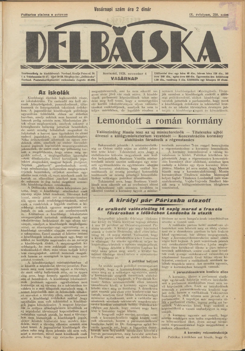 Délbácska, 9. évf. 1928. november 4. 258. sz.