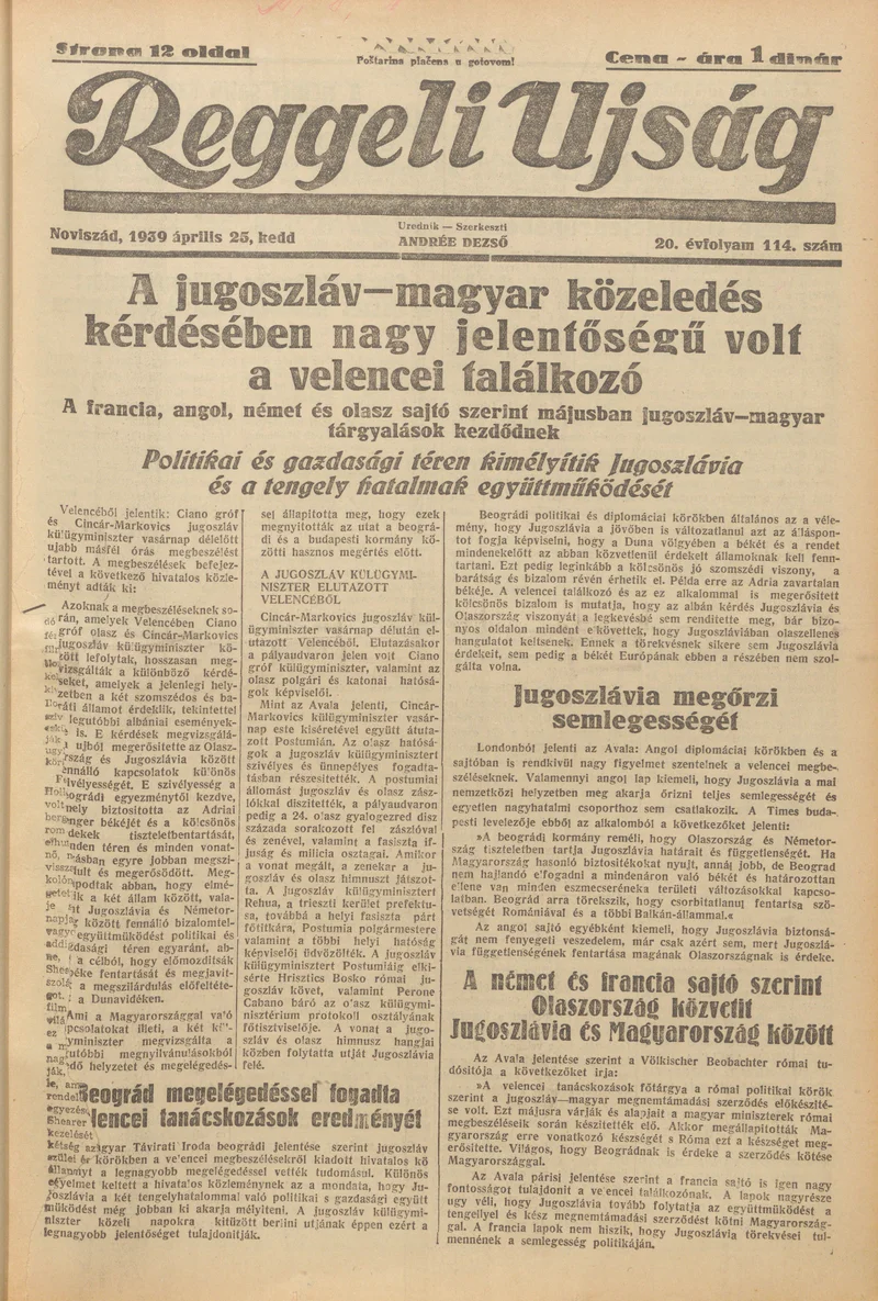 Reggeli Újság, 20. évf. 1939. április 25. 114. sz.