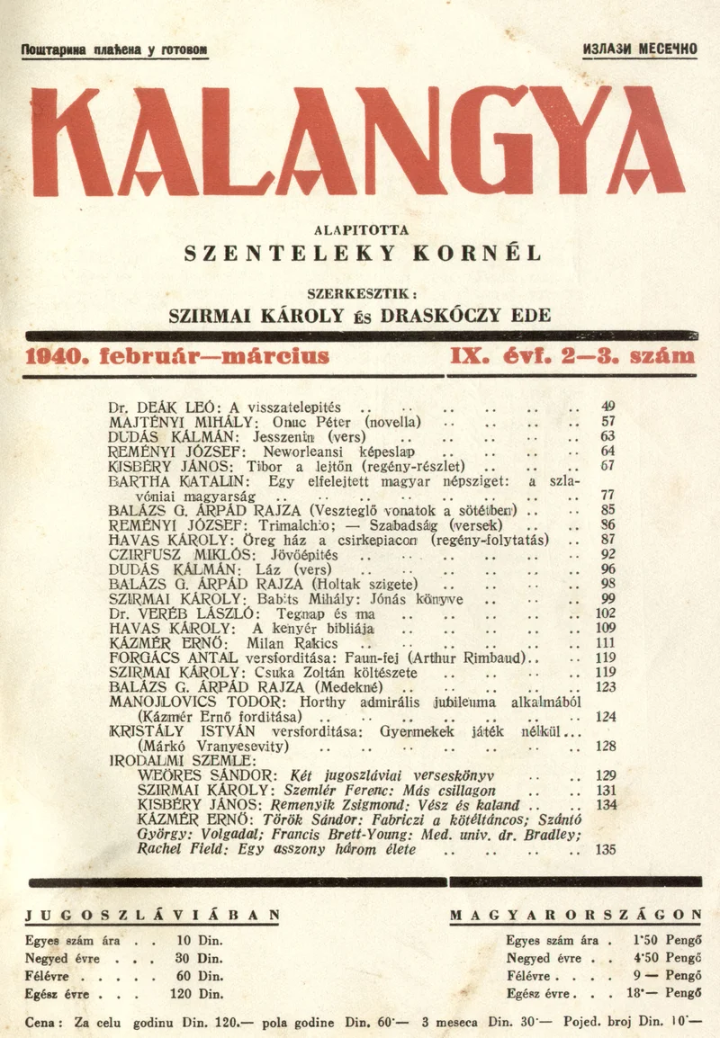 Kalangya, 9. évf. 1940. február – március. 2–3. sz. 49–144. oldal