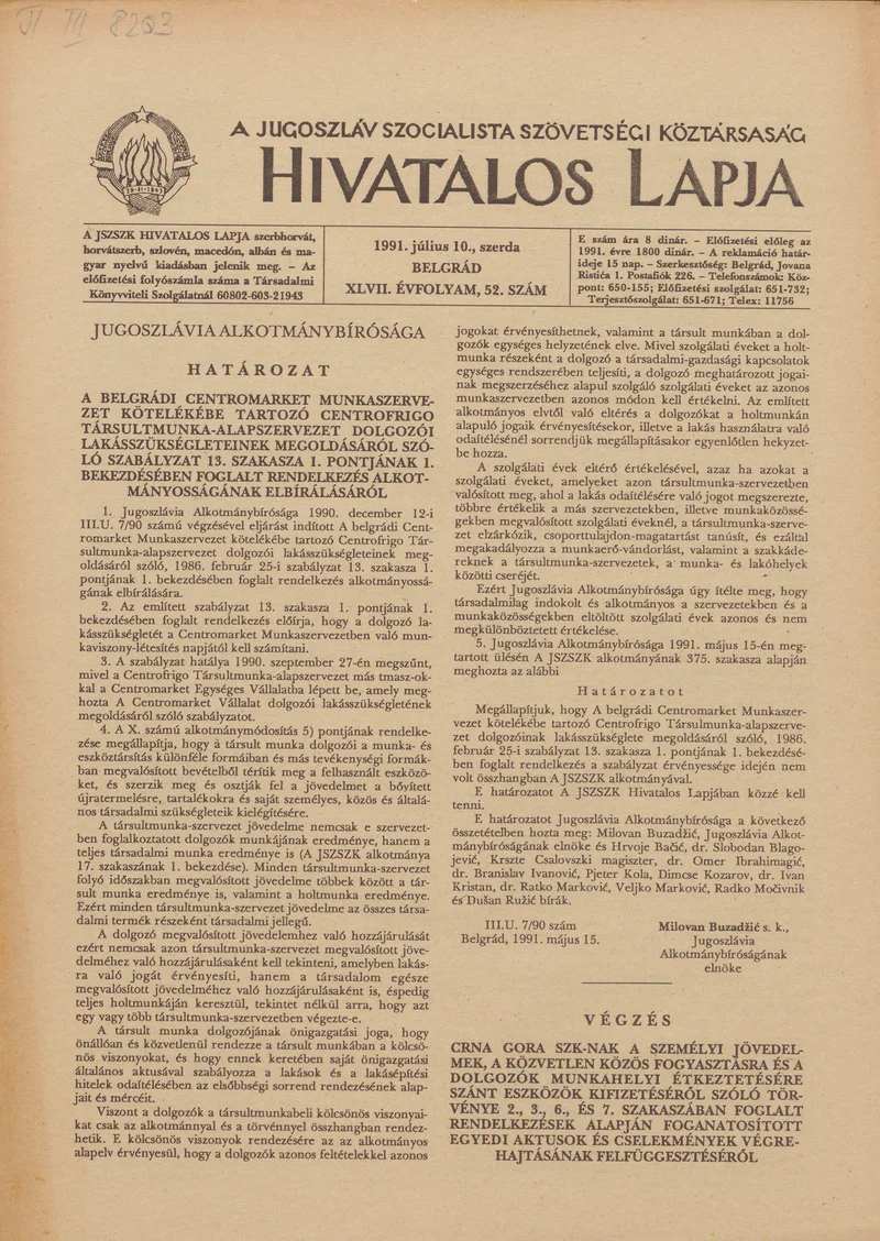 A Jugoszláv Szocialista Szövetségi Köztársaság Hivatalos Lapja, 47. évf. 1991. július 10. 52. sz. 789–792. oldal
