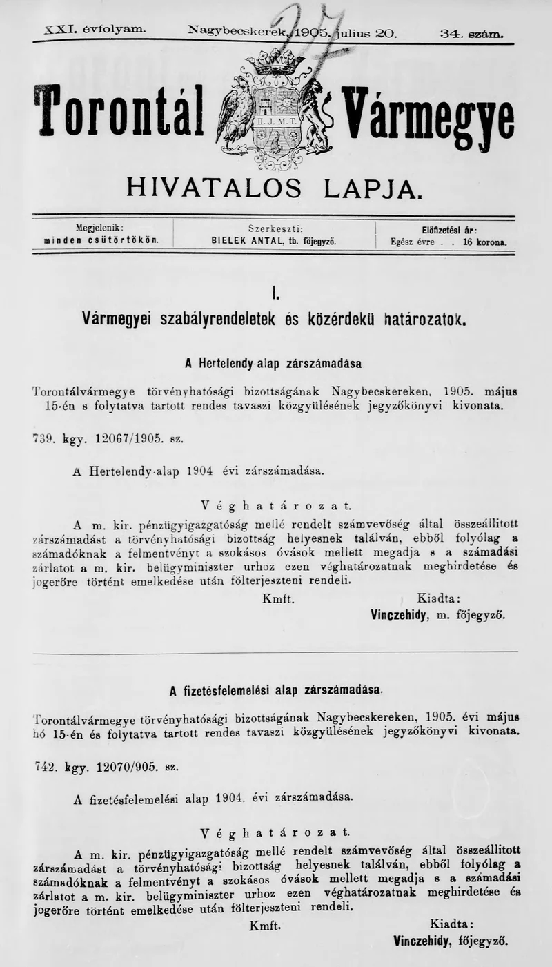 Torontál Vármegye Hivatalos Lapja, 21. évf. 1905. július 20. 34. sz.
