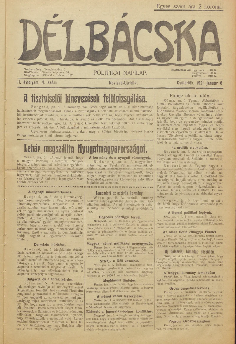 Délbácska, 2. évf. 1921. január 6. 4. sz.