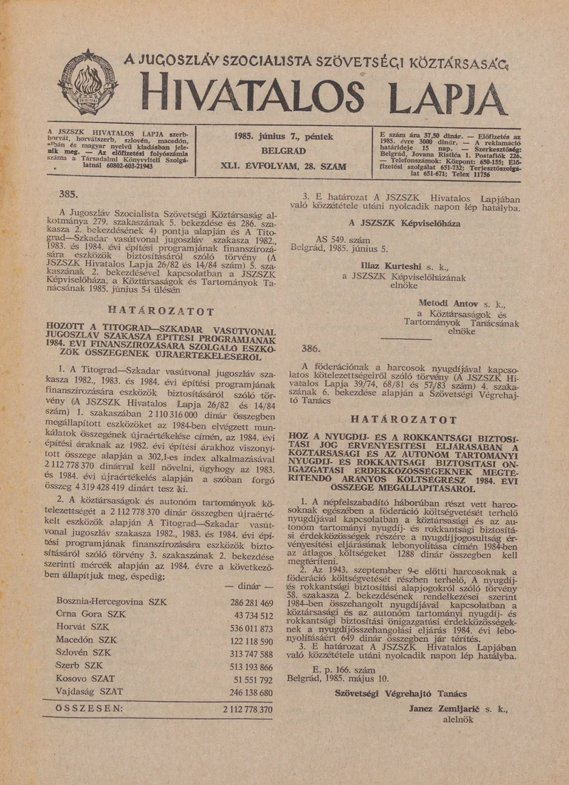 A Jugoszláv Szocialista Szövetségi Köztársaság Hivatalos Lapja, 41. évf. 1985. június 7. 28. sz. 909–928. oldal