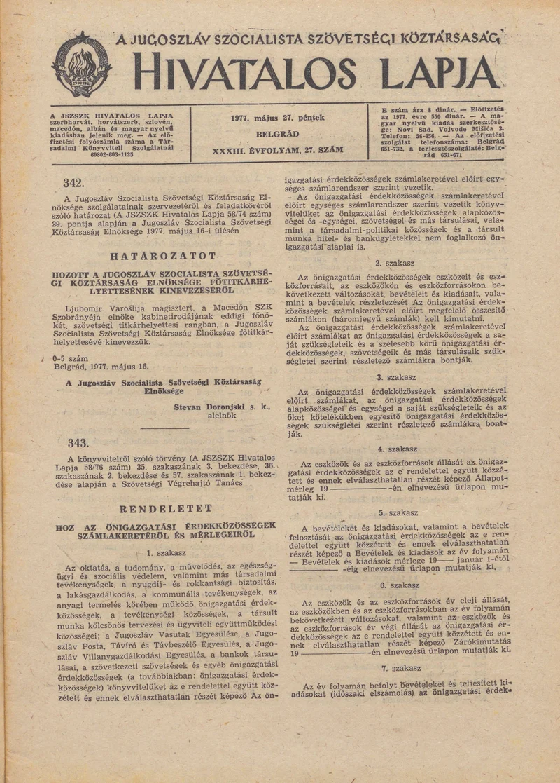 A Jugoszláv Szocialista Szövetségi Köztársaság Hivatalos Lapja, 33. évf. 1977. május 27. 27. sz. 1221–1252. oldal