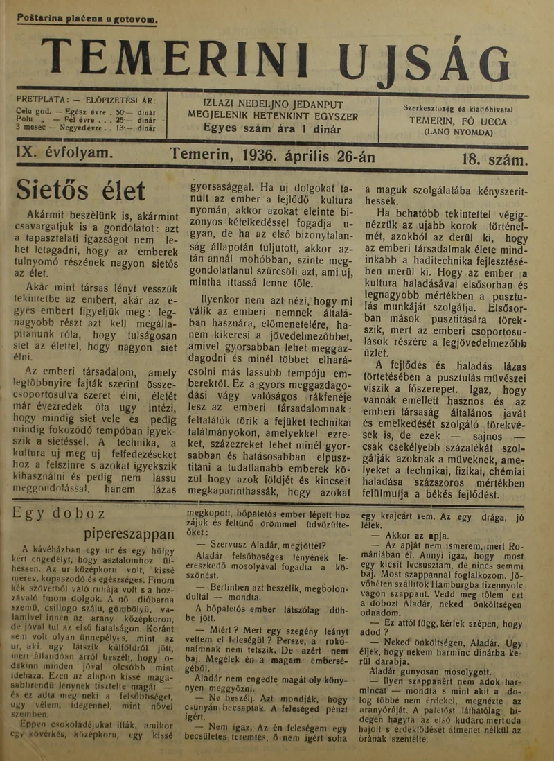 Temerini Újság 1928-1944, 9. évf. 1936. április 26. 18. sz.
