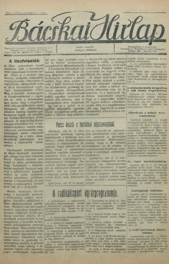 Bácskai Hirlap, 24. évf. 1920. október 9. 169. sz.