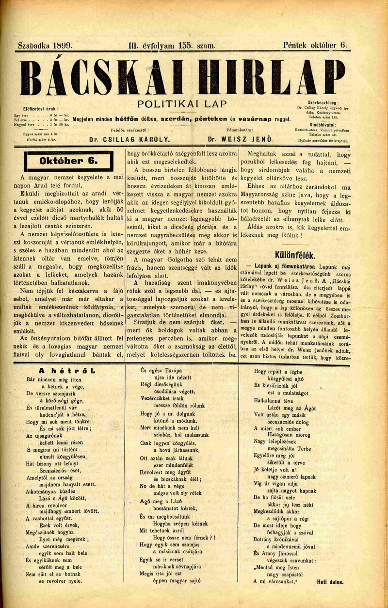 Bácskai Hirlap, 3. évf. 1899. október 6. 155. sz.