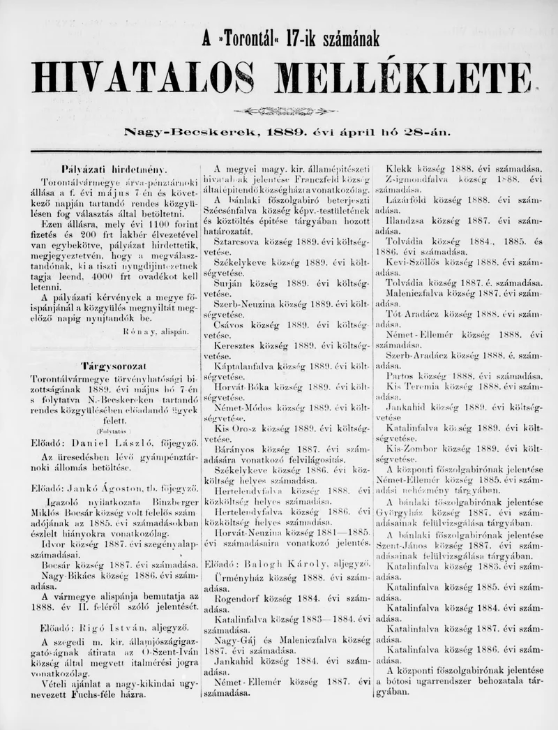 A Totontál  hivatalos melléklete, 2. évf. 1889. április 28. 17. sz.