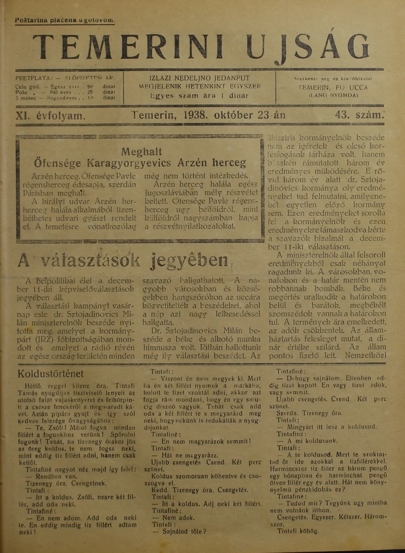 Temerini Újság 1928-1944, 11. évf. 1938. október 23. 43. sz.