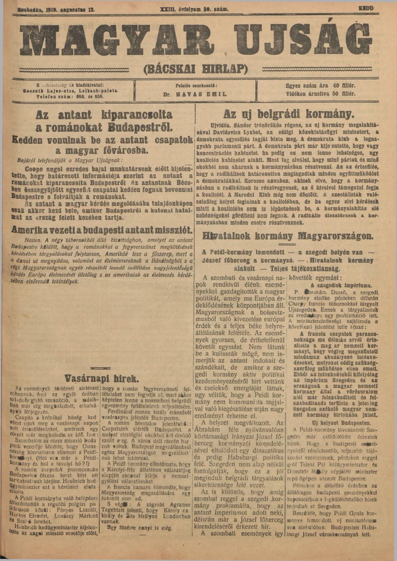 Bácskai Hirlap, 23. évf. 1919. augusztus 10. 50. sz.