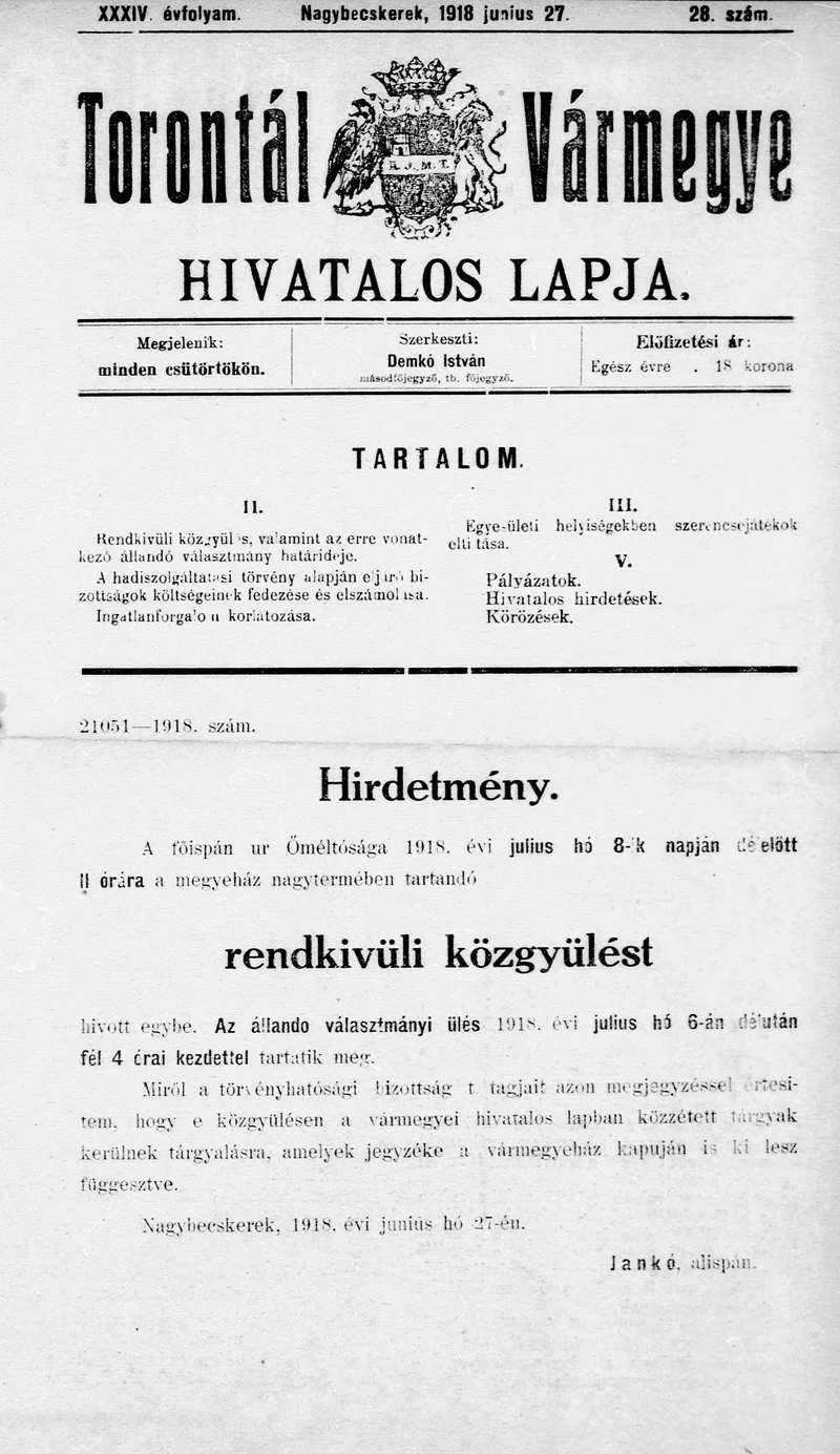 Torontál Vármegye Hivatalos Lapja, 34. évf. 1918. június 27. 28. sz.