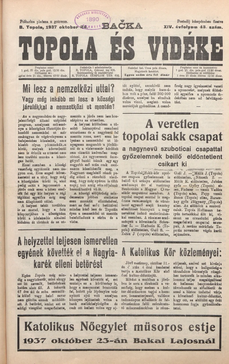 Bačka Topola és Vidéke, 14. évf. 1937. október 24. 43. sz.