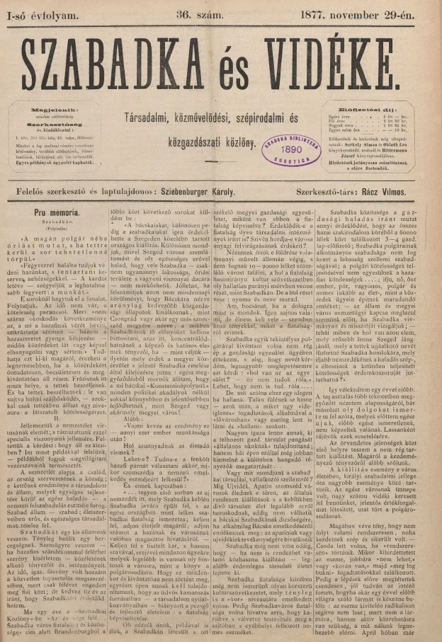 Szabadka és vidéke, 1. évf. 1877. november 29. 36. sz.