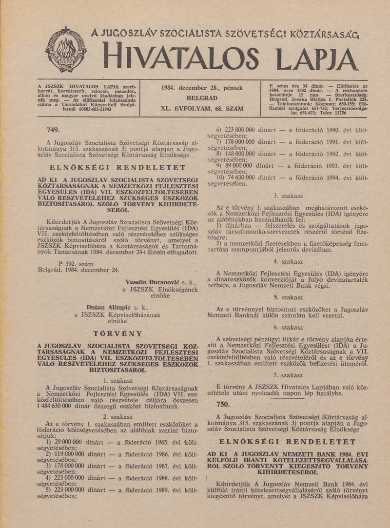 A Jugoszláv Szocialista Szövetségi Köztársaság Hivatalos Lapja, 40. évf. 1984. december 28. 68. sz. 1501–1532. oldal