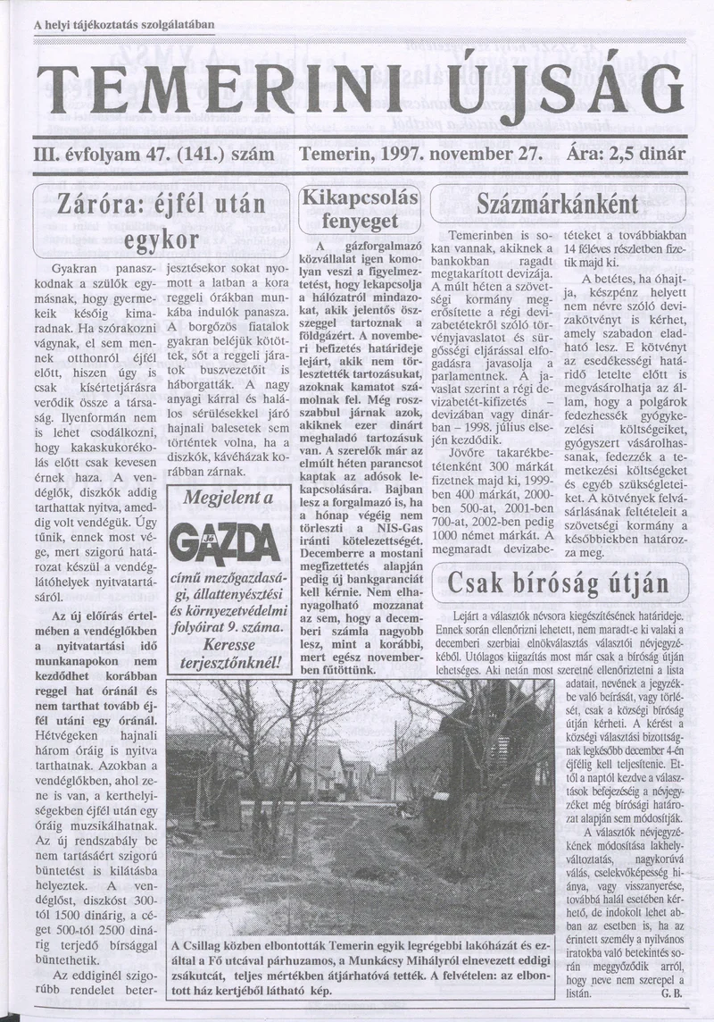 Temerini Újság, 3. évf. 1997. november 27. 47. sz.