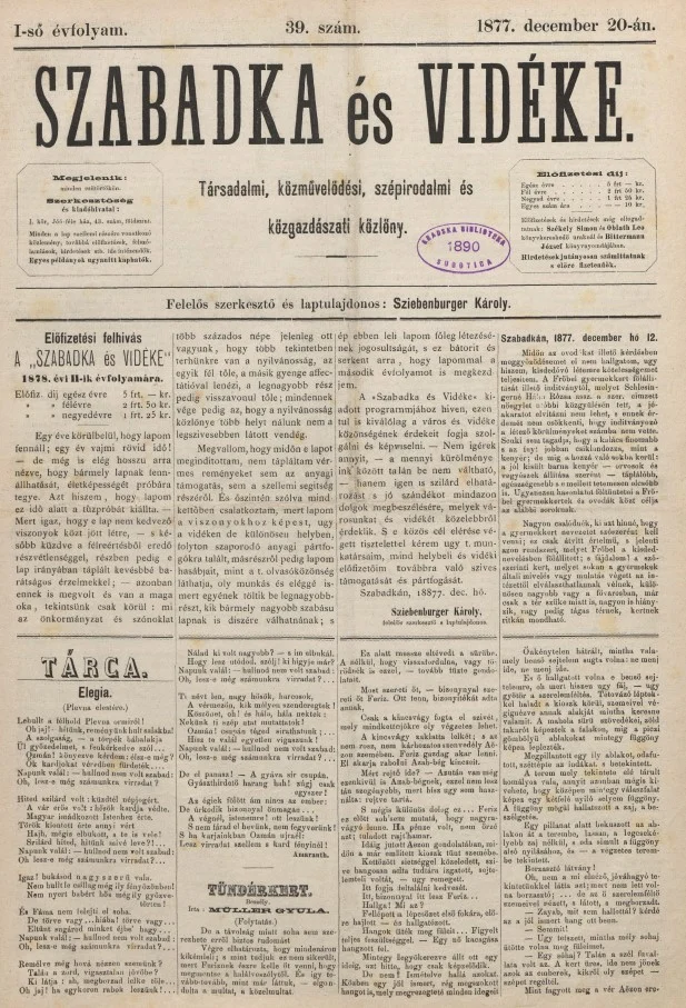 Szabadka és vidéke, 1. évf. 1877. december 20. 39. sz.