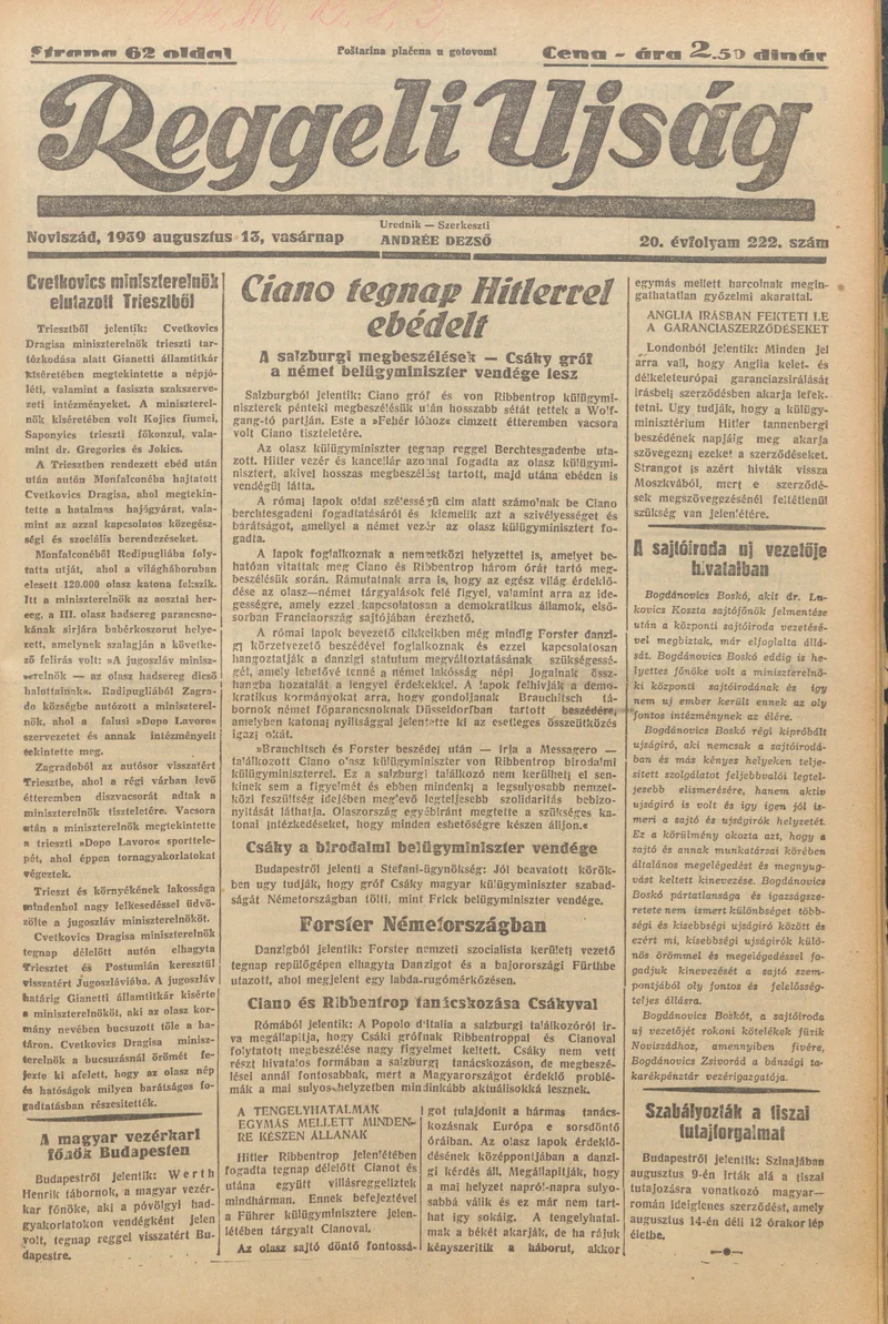 Reggeli Újság, 20. évf. 1939. augusztus 13. 222. sz.