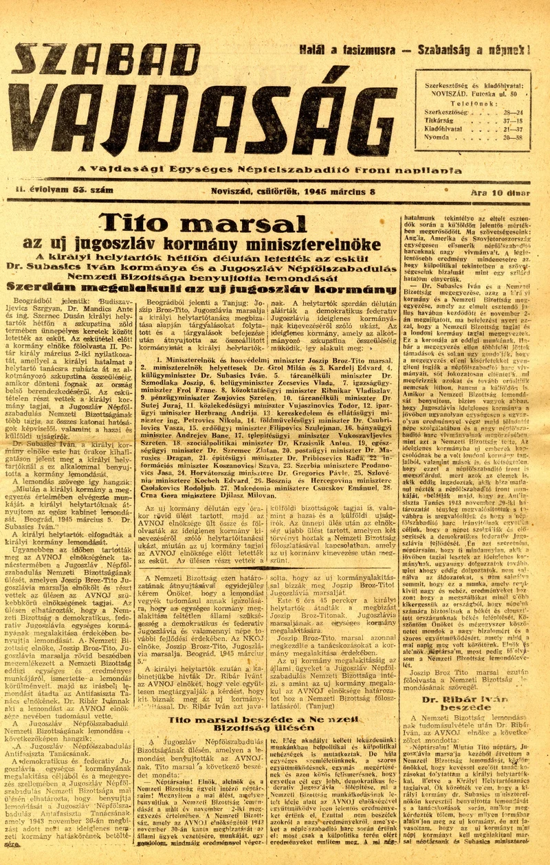 Szabad Vajdaság, 2. évf. 1945. március 8. 53. sz.