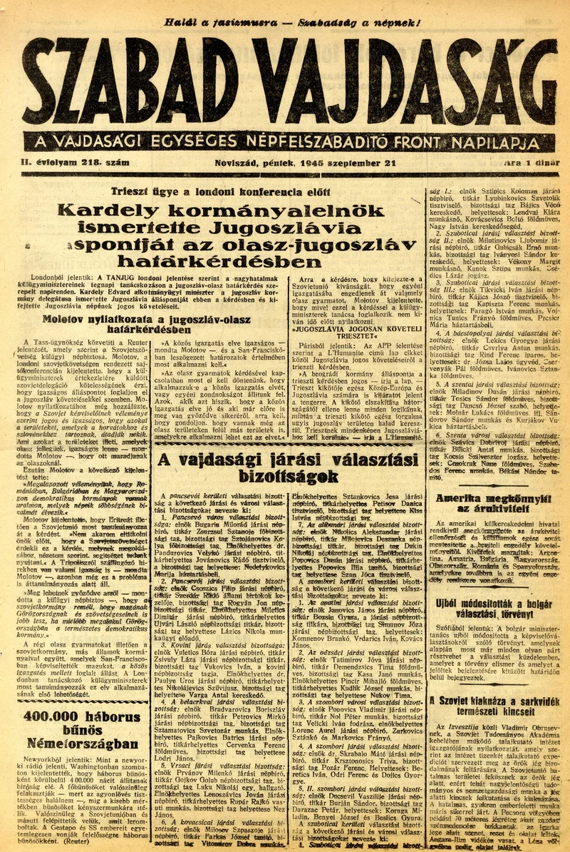 Szabad Vajdaság, 2. évf. 1945. szeptember 21. 218. sz.
