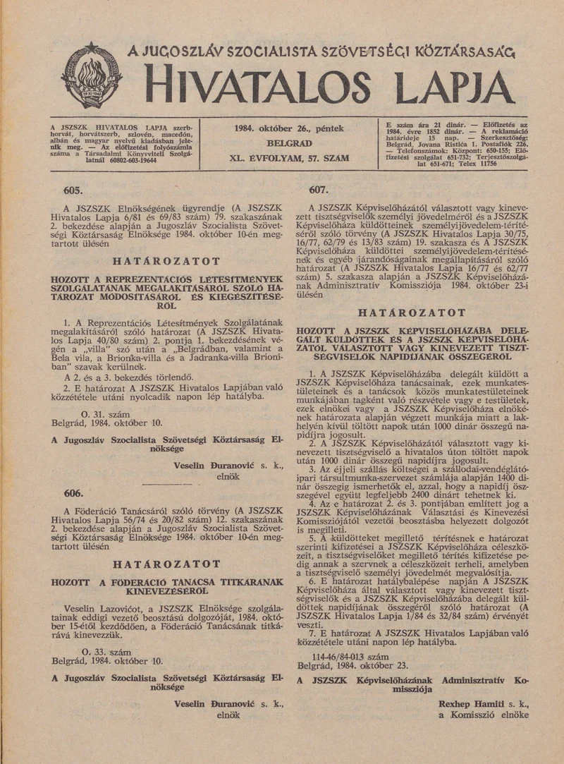 A Jugoszláv Szocialista Szövetségi Köztársaság Hivatalos Lapja, 40. évf. 1984. október 26. 57. sz. 1283–1299. oldal