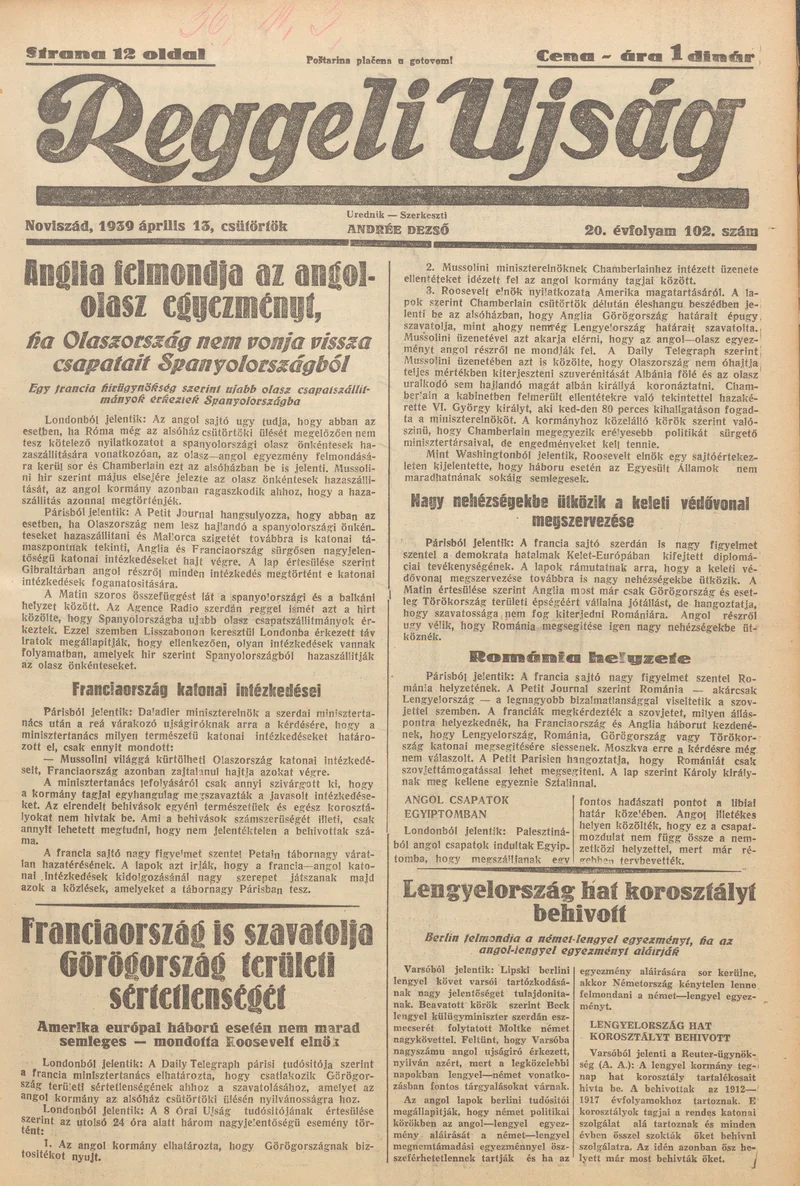 Reggeli Újság, 20. évf. 1939. április 13. 102. sz.