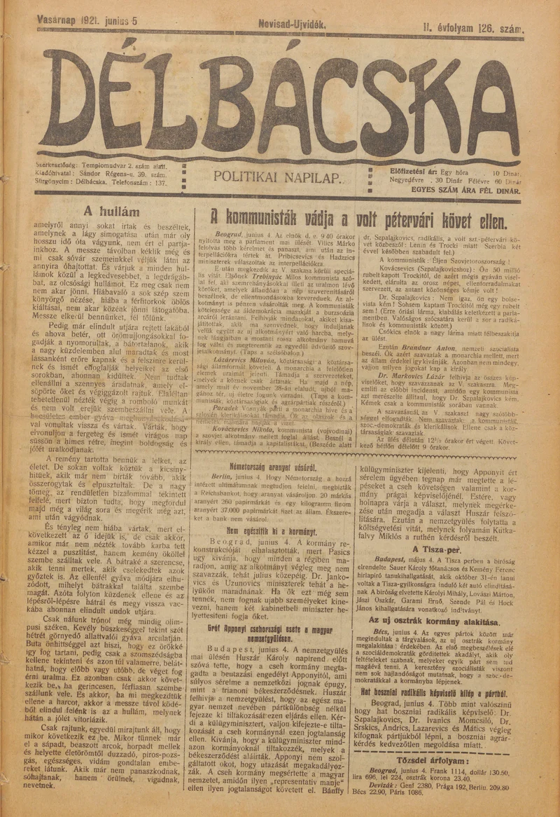Délbácska, 2. évf. 1921. június 5. 126. sz.