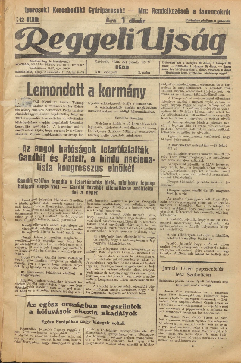 Reggeli Újság, 13. évf. 1932. január 5. 3. sz.