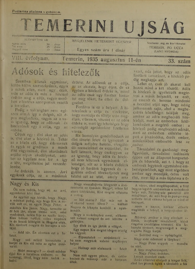 Temerini Újság 1928-1944, 8. évf. 1935. augusztus 11. 33. sz.