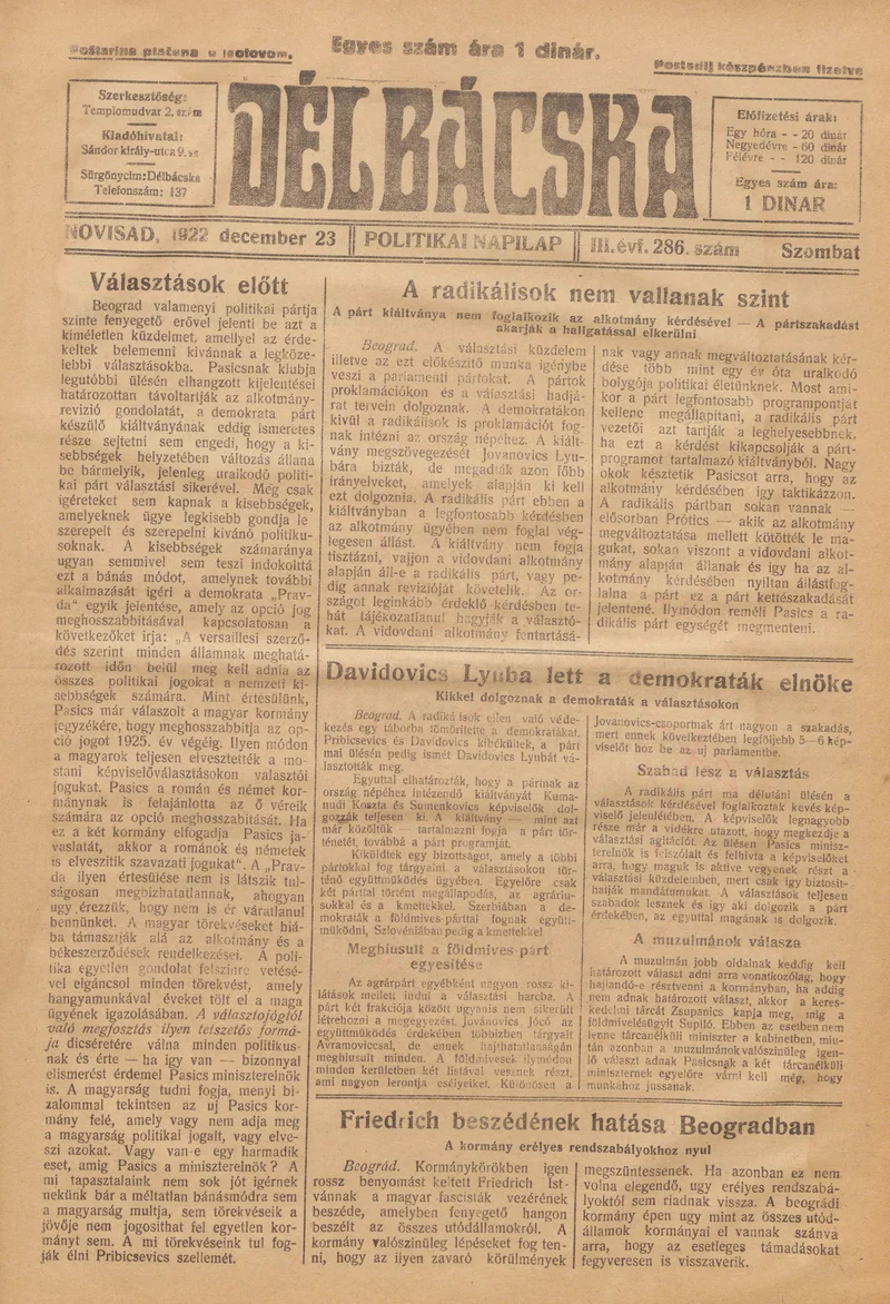 Délbácska, 3. évf. 1922. december 23. 286. sz.