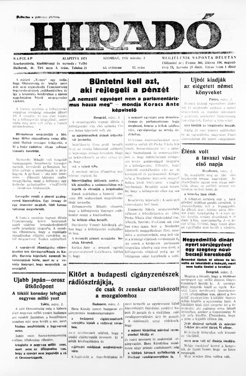 Híradó, 63. évf. 1934. március 3. 52. sz.