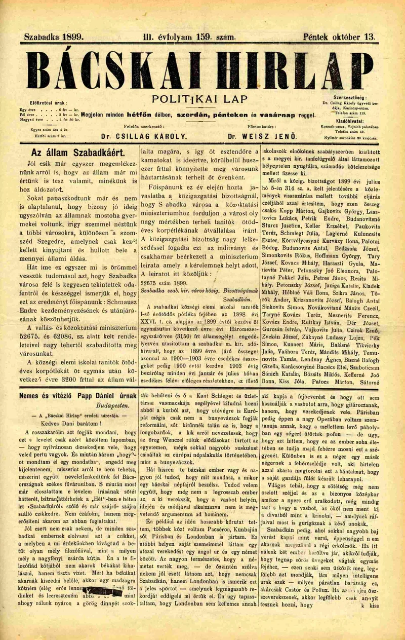 Bácskai Hirlap, 3. évf. 1899. október 13. 159. sz.