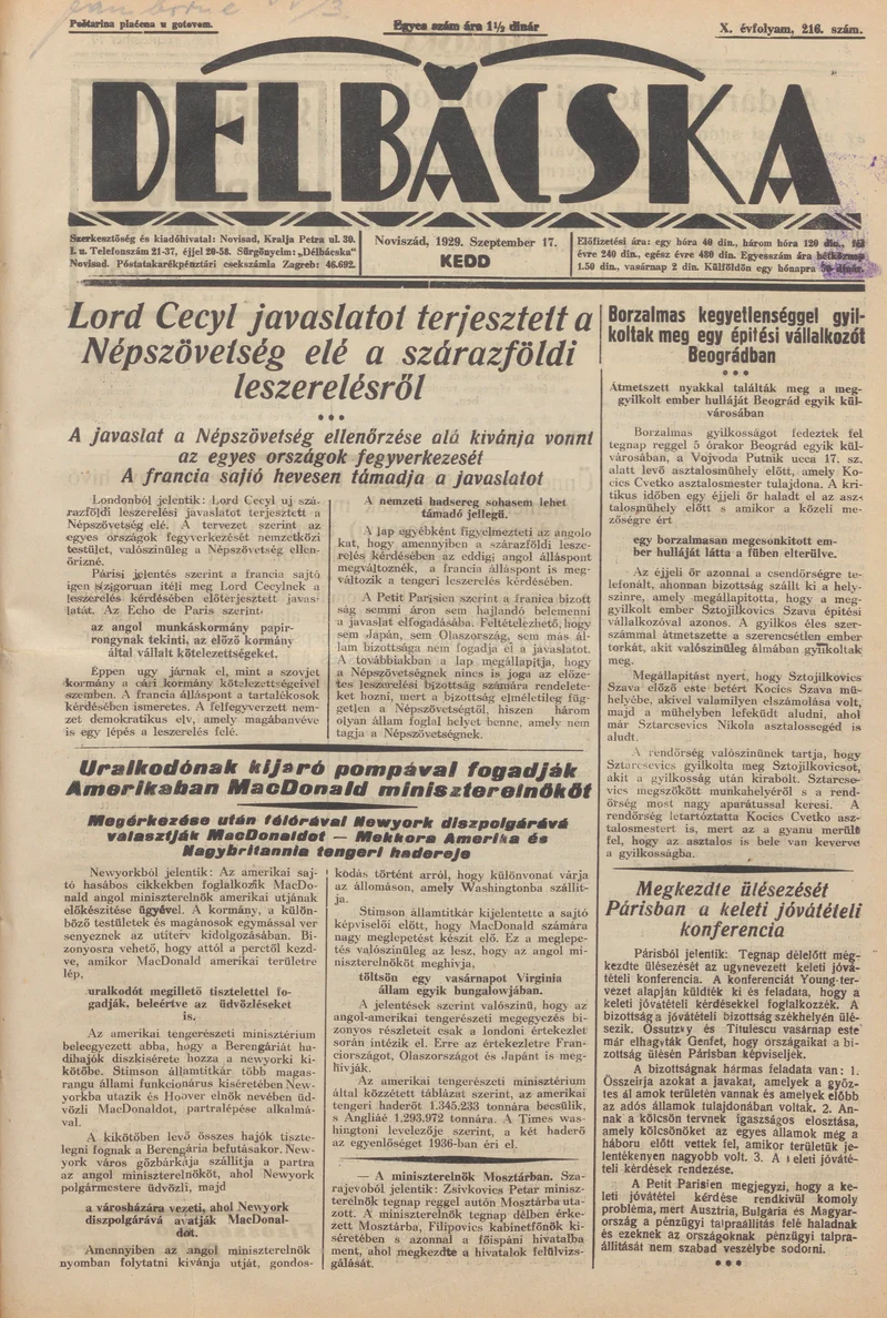 Délbácska, 10. évf. 1929. szeptember 17. 216. sz.