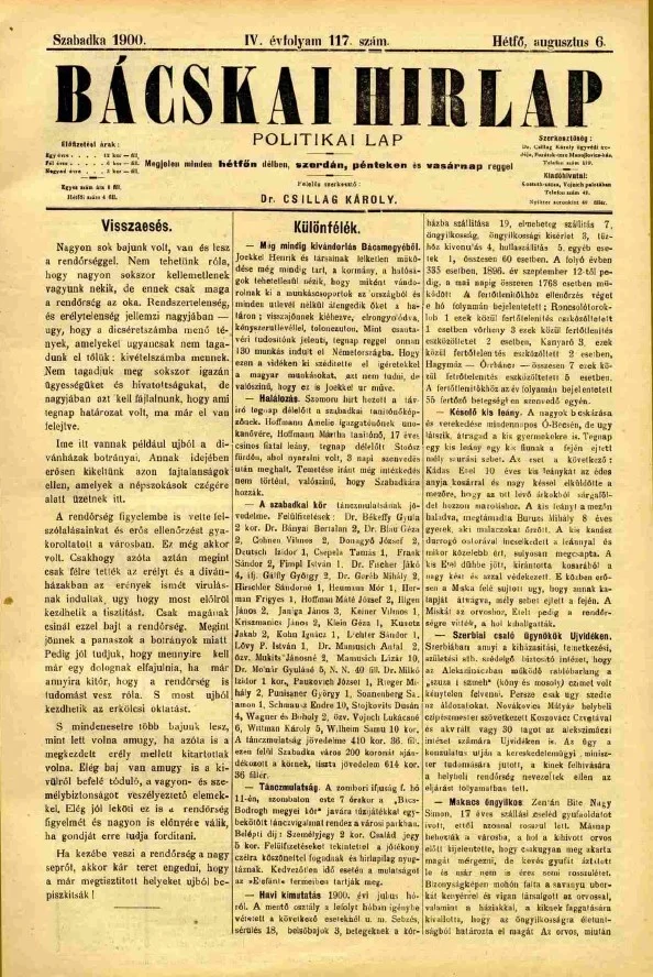 Bácskai Hirlap, 4. évf. 1900. augusztus 6. 117. sz.
