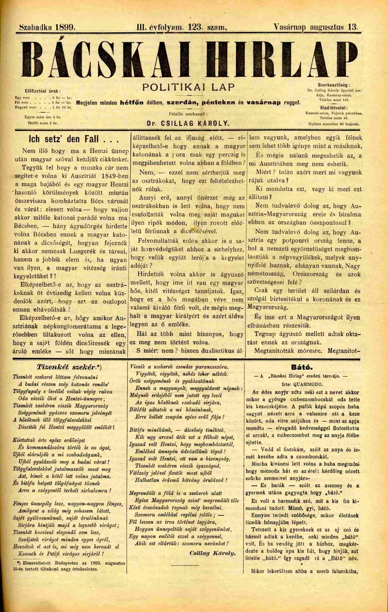 Bácskai Hirlap, 3. évf. 1899. augusztus 13. 123. sz.