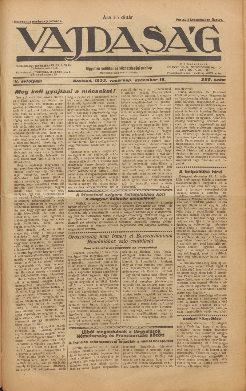 Vajdaság, 3. évf. 1923. december 16. 285. sz.