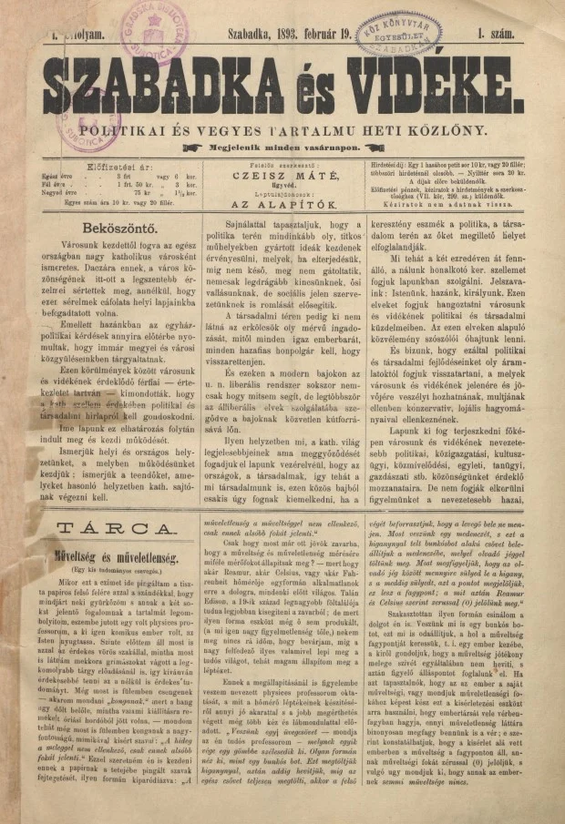 Szabadka és vidéke II, 1. évf. 1893. február 19. 1. sz.