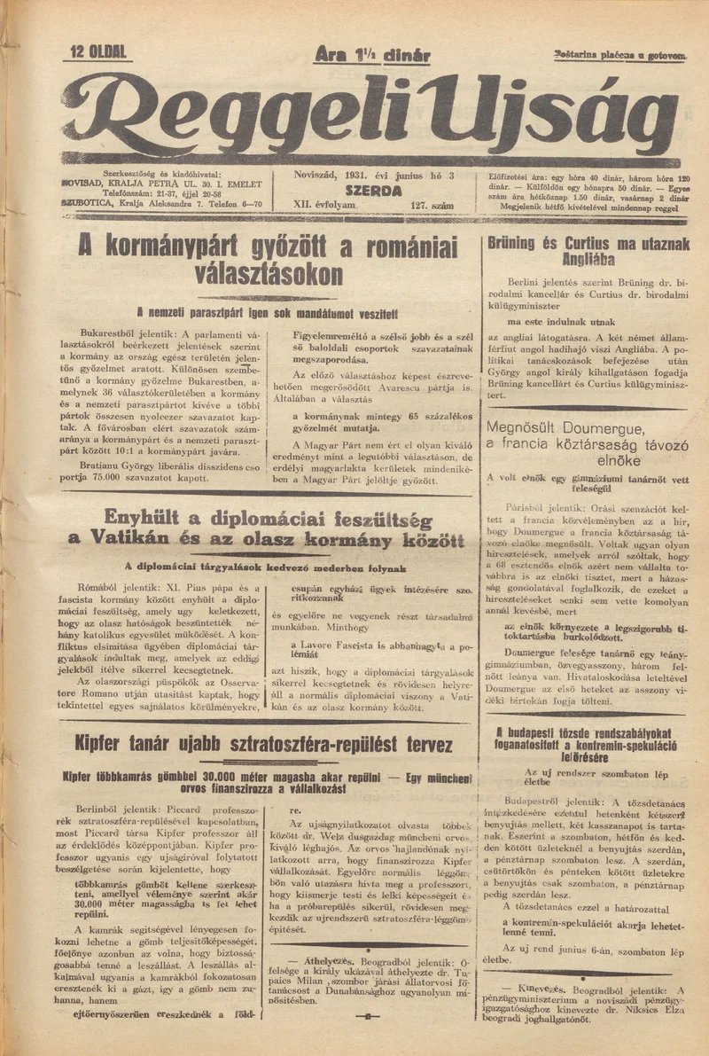 Reggeli Újság, 12. évf. 1931. június 3. 127. sz.