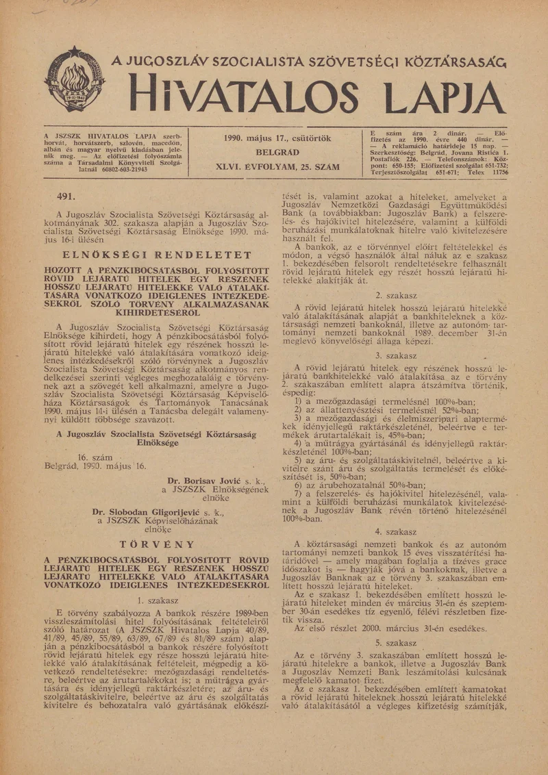 A Jugoszláv Szocialista Szövetségi Köztársaság Hivatalos Lapja, 46. évf. 1990. május 17. 25. sz. 929–932. oldal