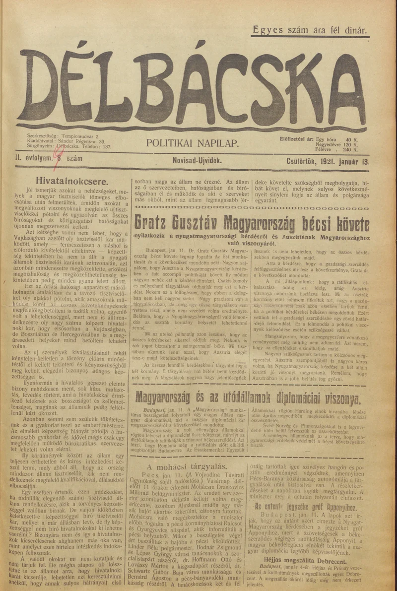 Délbácska, 2. évf. 1921. január 13. 9. sz.