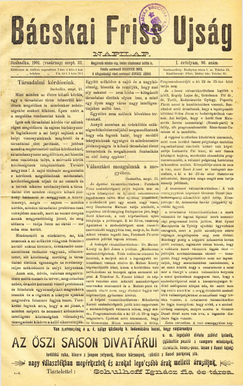 Bácskai Friss Ujság, 1. évf. 1901. szeptember 22. 96. sz.